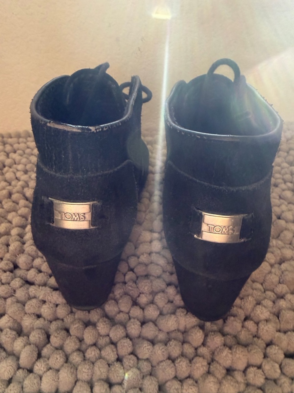 TOMS Black Suede Ankle Booties with Silver Logo Plate